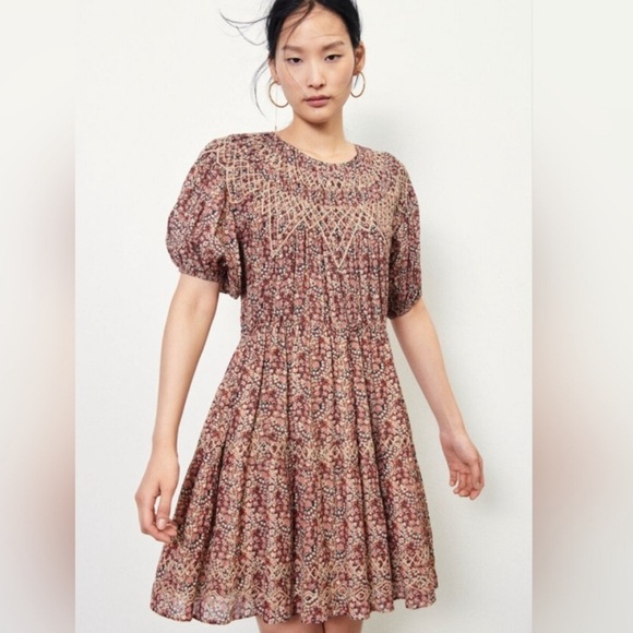 ba&sh Iris Floral Short Sleeve Pink/Brown Embroidered Boho Mini Dress Size US 6 - Picture 1 of 16